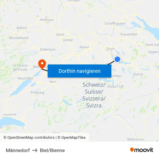 Männedorf to Biel/Bienne map