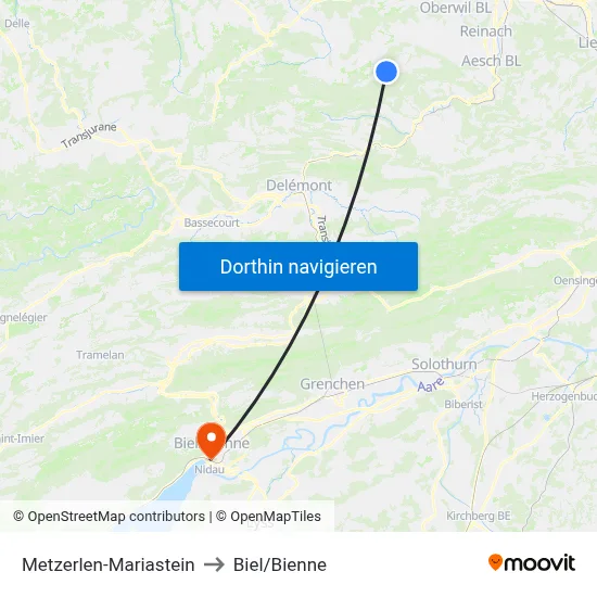 Metzerlen-Mariastein to Biel/Bienne map