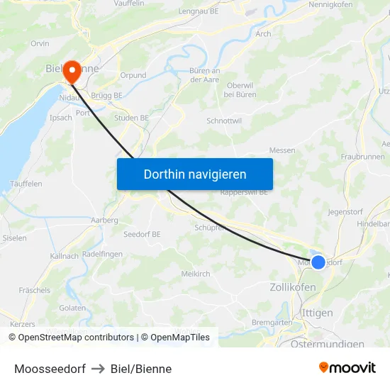 Moosseedorf to Biel/Bienne map