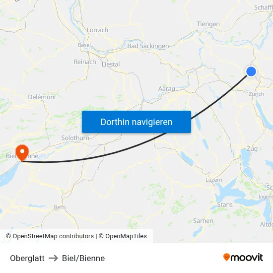 Oberglatt to Biel/Bienne map