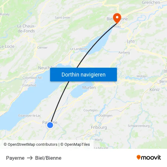 Payerne to Biel/Bienne map