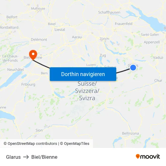 Glarus to Biel/Bienne map