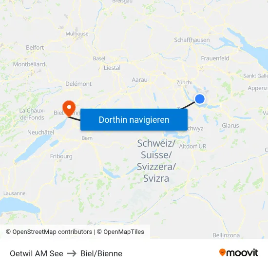 Oetwil AM See to Biel/Bienne map