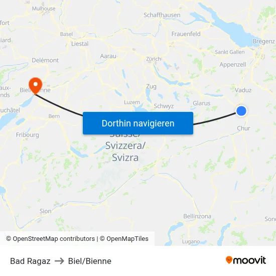 Bad Ragaz to Biel/Bienne map