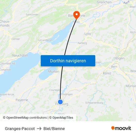 Granges-Paccot to Biel/Bienne map
