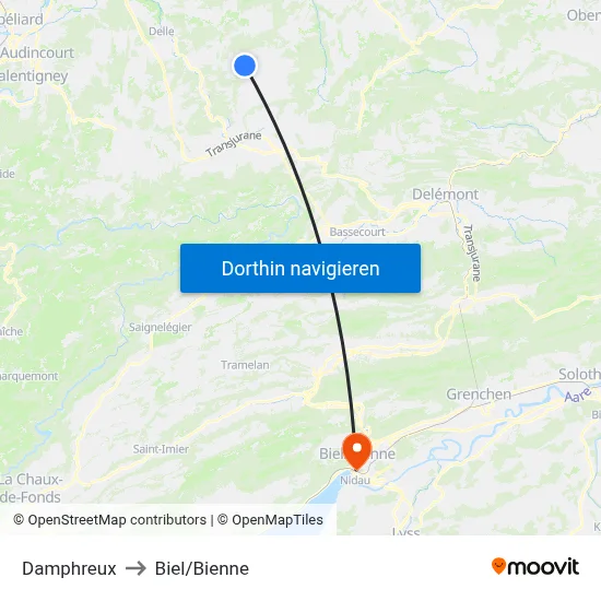 Damphreux to Biel/Bienne map