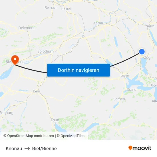 Knonau to Biel/Bienne map