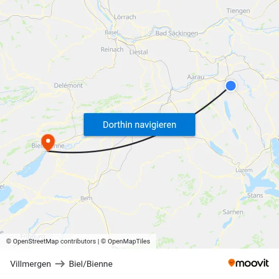 Villmergen to Biel/Bienne map