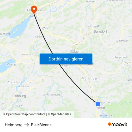 Heimberg to Biel/Bienne map