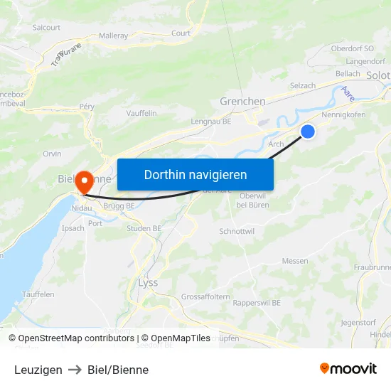 Leuzigen to Biel/Bienne map