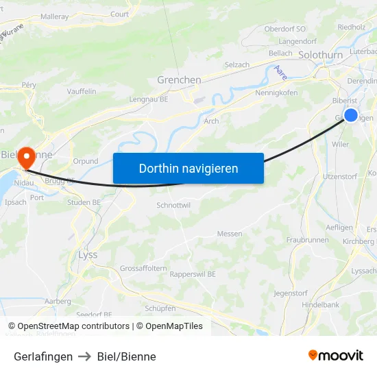 Gerlafingen to Biel/Bienne map