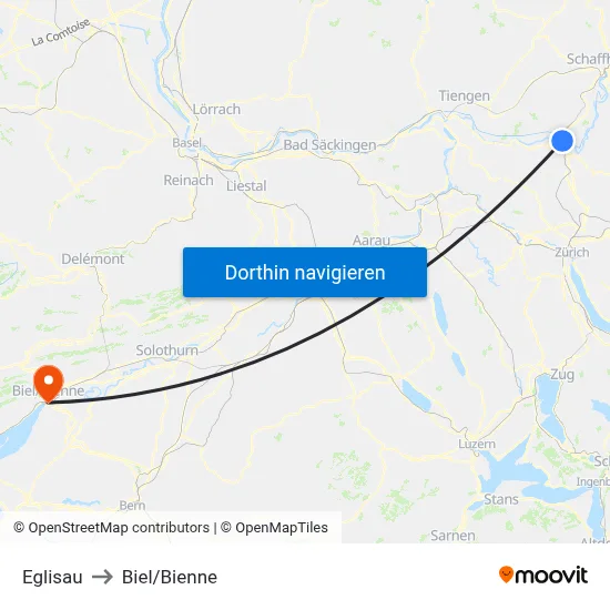 Eglisau to Biel/Bienne map