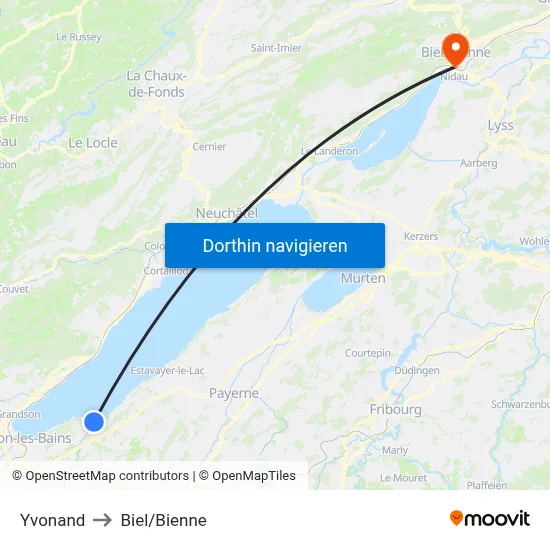 Yvonand to Biel/Bienne map