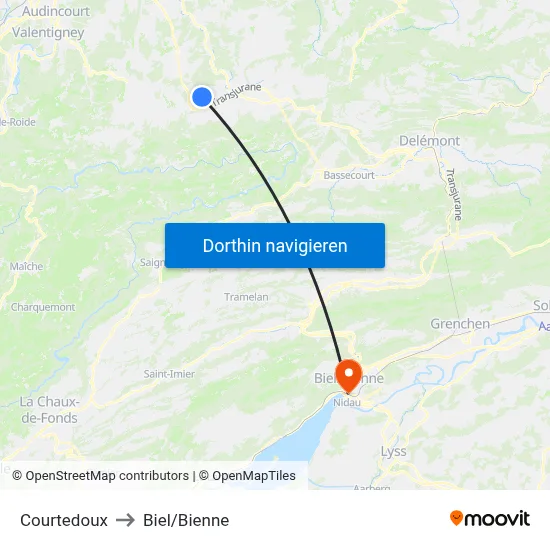 Courtedoux to Biel/Bienne map