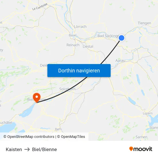 Kaisten to Biel/Bienne map