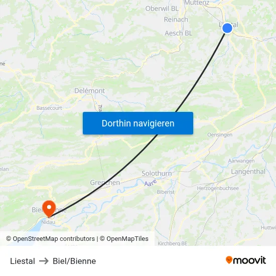 Liestal to Biel/Bienne map