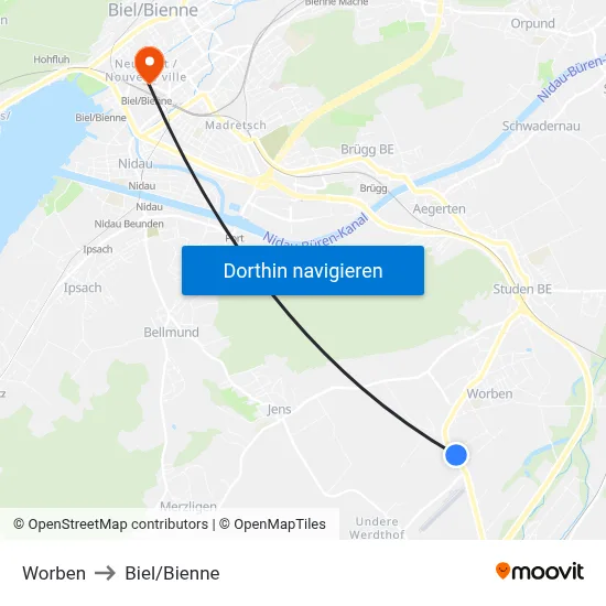 Worben to Biel/Bienne map