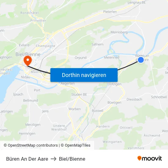 Büren An Der Aare to Biel/Bienne map