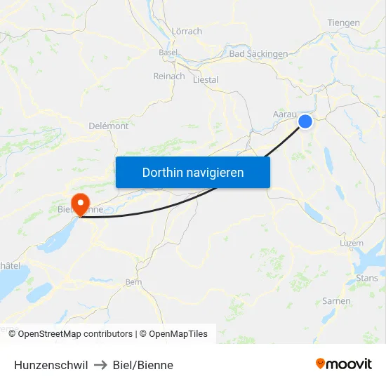 Hunzenschwil to Biel/Bienne map