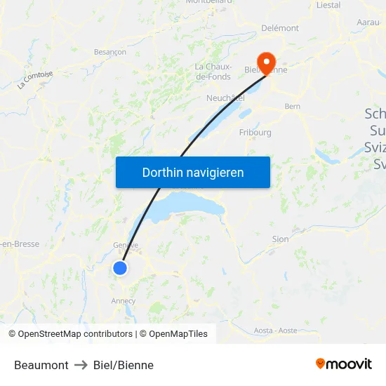 Beaumont to Biel/Bienne map