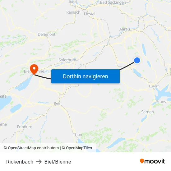 Rickenbach to Biel/Bienne map