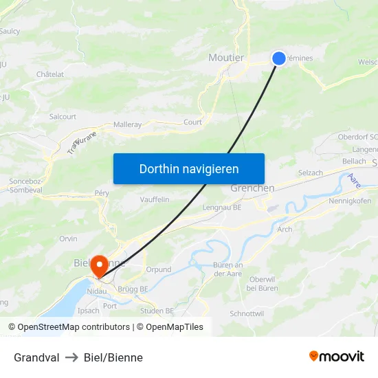 Grandval to Biel/Bienne map