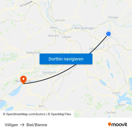 Villigen to Biel/Bienne map