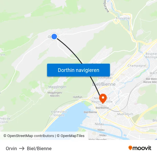 Orvin to Biel/Bienne map