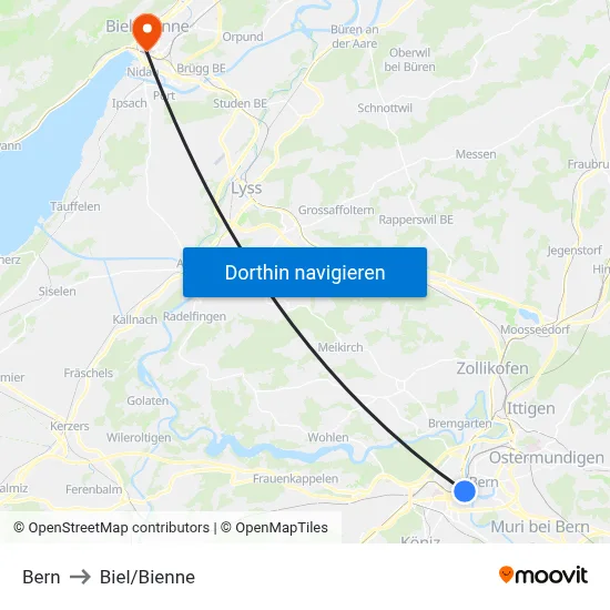 Bern to Biel/Bienne map