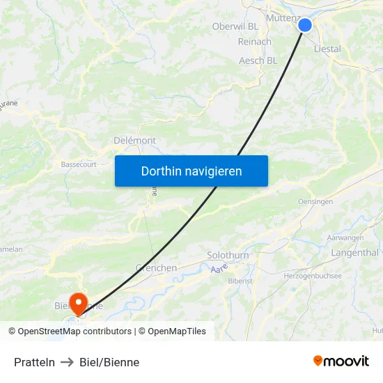 Pratteln to Biel/Bienne map