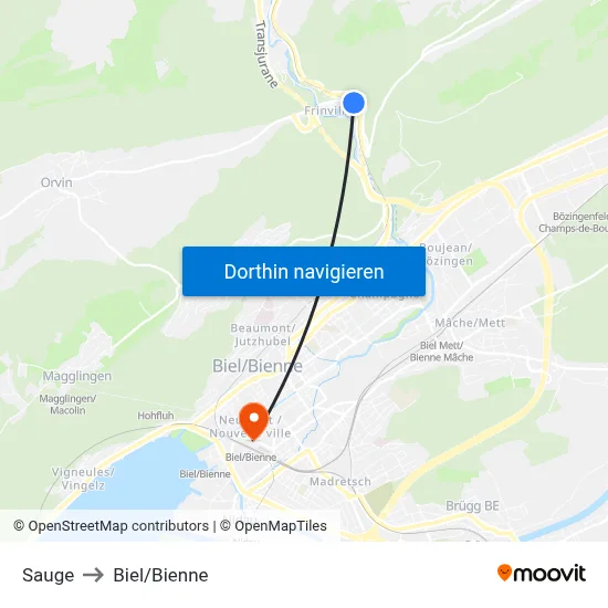 Sauge to Biel/Bienne map