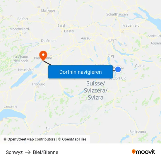 Schwyz to Biel/Bienne map