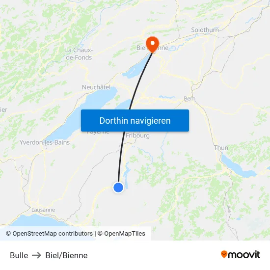 Bulle to Biel/Bienne map
