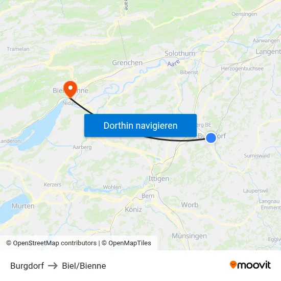 Burgdorf to Biel/Bienne map