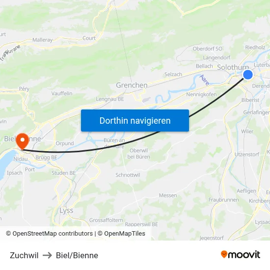 Zuchwil to Biel/Bienne map