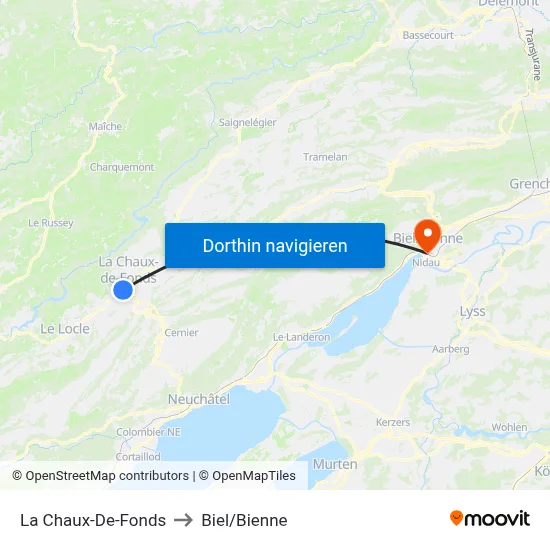 La Chaux-De-Fonds to Biel/Bienne map