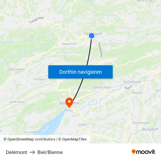 Delémont to Biel/Bienne map