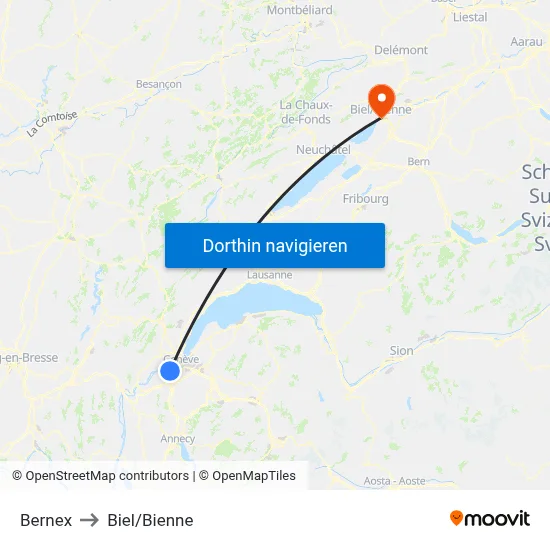 Bernex to Biel/Bienne map