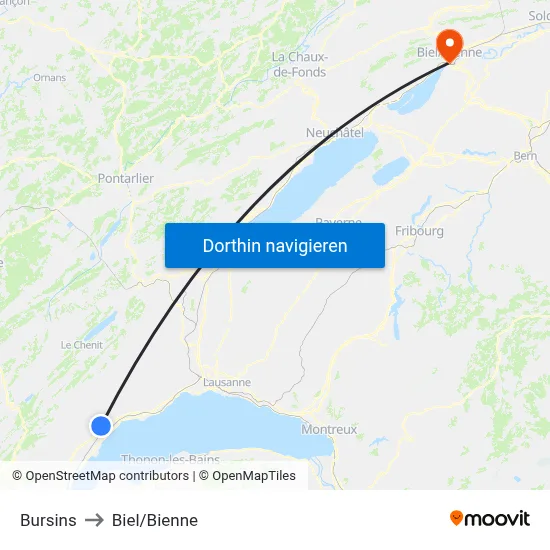 Bursins to Biel/Bienne map