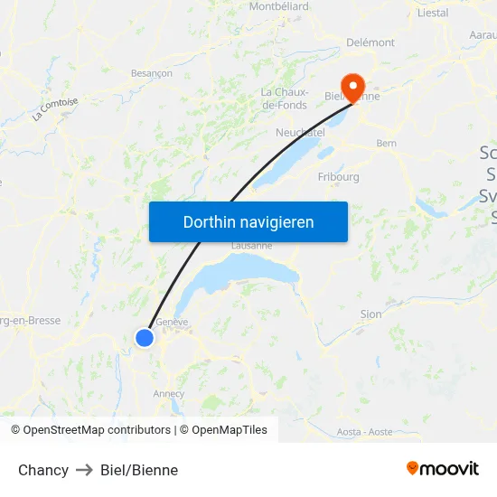 Chancy to Biel/Bienne map