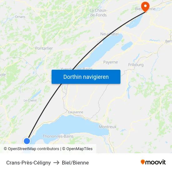 Crans-Près-Céligny to Biel/Bienne map