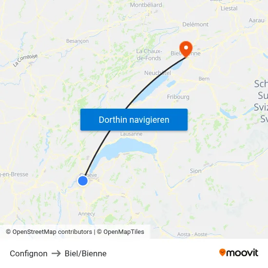 Confignon to Biel/Bienne map