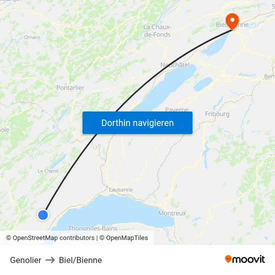 Genolier to Biel/Bienne map