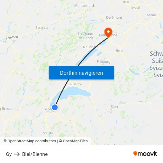 Gy to Biel/Bienne map