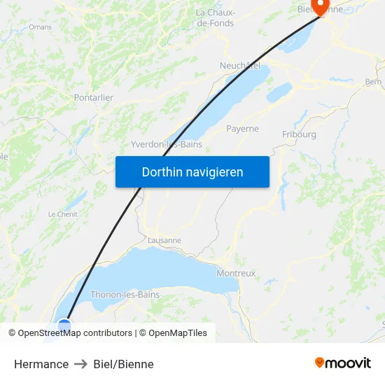 Hermance to Biel/Bienne map