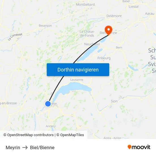 Meyrin to Biel/Bienne map