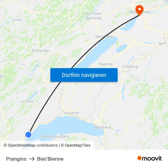 Prangins to Biel/Bienne map