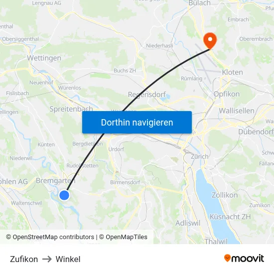 Zufikon to Winkel map