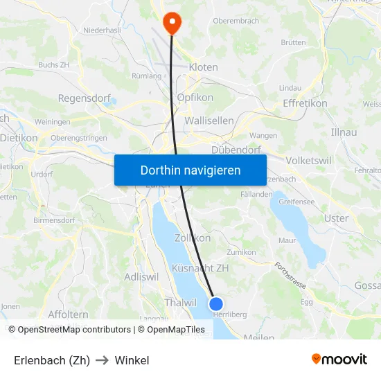 Erlenbach (Zh) to Winkel map