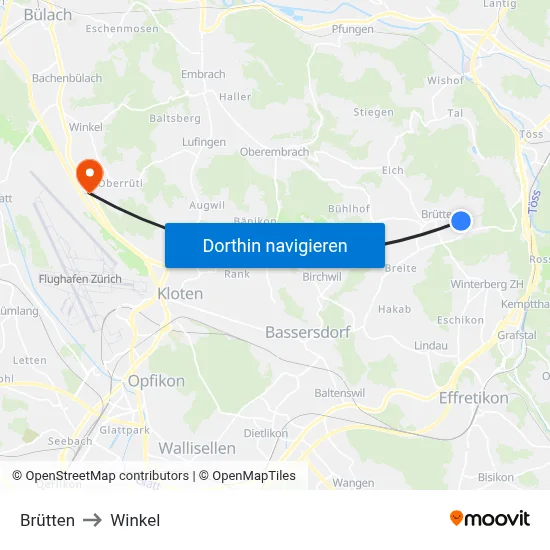 Brütten to Winkel map